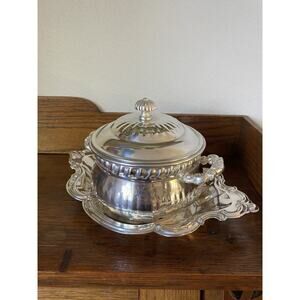Antique Eales 1779 Silver PlatedRibbed Lidded Bowl with Handles And Plate